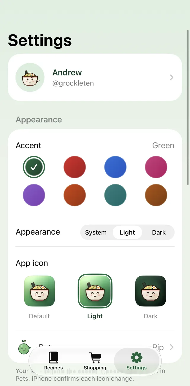 Settings for accent colour, appearance and app icon